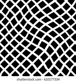 Seamless abstract black and white distorted grid pattern.