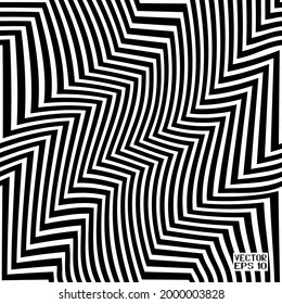 Nahtloses abstraktes Schwarz-Weiß-Geometrisches Muster mit Streifen. Optische psychedelische Illusion. Kurvige Schritte auf dem Weg. Vektorgrafik. 3D-Illustration