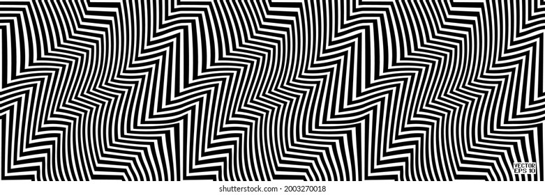 Resumen transparente Patrón geométrico blanco y negro con rayas. Ilusión psicodélica óptica. Pasos curvos en el sendero. Vector. Ilustración 3D