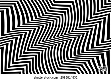 Resumen transparente Patrón geométrico blanco y negro con rayas. Ilusión psicodélica óptica. Pasos curvos en el sendero. Vector. Ilustración 3D