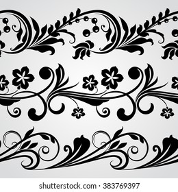 Seamless abstract black and white horizontal floral border vector ornaments.