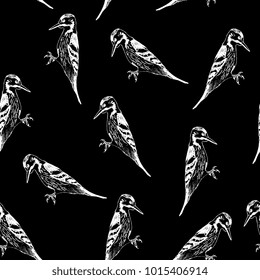 Seamless abstract black and white pattern with silhouettes of woodpeckers. Based on hand drawn ink sketch.
