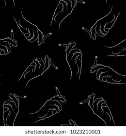 Seamless abstract black and white pattern with linear silhouettes of human hand holding a cigarette. Based on hand drawn art. Modern style.