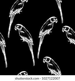 Seamless abstract black and white pattern with silhouettes of parrots. Based on hand drawn linear ink sketch.