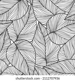 seamless abstract black and white pattern with leaves , vector 