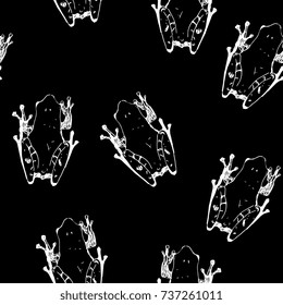 Seamless abstract black and white pattern with silhouetted sketches of tropical frogs. Based on hand drawn illustration. Etching engraving style.