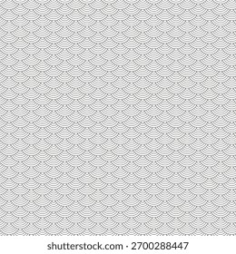 Nahtloses abstraktes schwarz-weißes Wellenmuster mit minimalistischem Muster. Japanisch, chinesisches nahtloses Muster. Abstrakt mit gekrümmten Linien orientalischen Hintergrund. Retro-Ostsommerdruck. Asiatisches Flachmotiv.