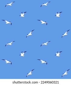 Seamless abstract blue background with fiying seagulls. Vector stylized marine pattern.