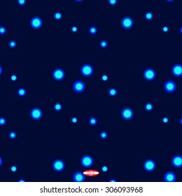 seamless abstract blue floral pattern with cyan sphere isolated on dark background. vector illustration