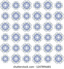 Seamless abstract blue green texture on white background. Arranged in a staggered manner two medium floral fractal patterns.

