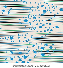 Seamless abstract blue pattern with flowers, wrapping paper, blue dots