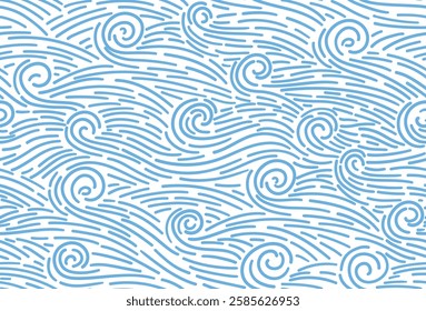 Seamless abstract blue sea background. Hand made vector white weaves