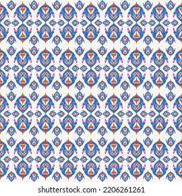 seamless abstract blue shape fabric ethnic ikat pattern background, illustration decor graphic boho tribal fashion style bohemian.