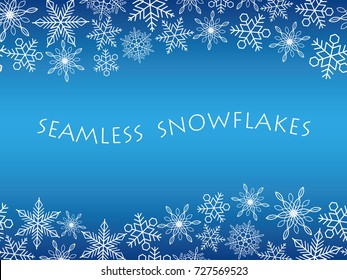 A seamless abstract blue winter background with white snowflakes, vector illustration.