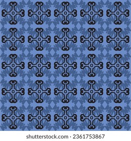 Seamless abstract boho shapes bone ornament in blue and black, textile design wallpaper, clothing, wrapping, Batik, fabric