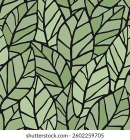 Seamless abstract botanical art background with  leaves. Natural hand drawnd green and  black leaves pattern.Vector floral  pattern.