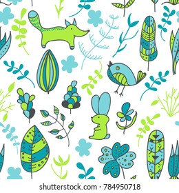 Seamless abstract botanical children pattern with cute forest animals. Artistic hand drawn doodle print, floral textile, fabric, scrapbooking, wallpaper, batik. Vector illustration