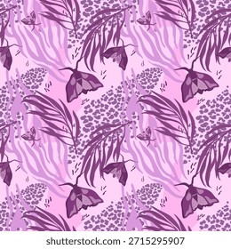 Seamless abstract botanical pattern with butterflies, leaves and animal texture elements in purple tones, decorative nature inspired background
