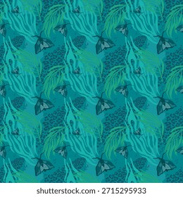 Padrão botânico abstrato sem emenda com borboletas, folhas e elementos de textura animal em tons de esmeraldas, natureza decorativa inspirado fundo