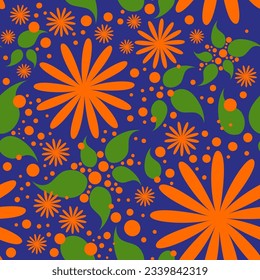 Seamless abstract botanical pattern. Flowers, leaves, dots. Orange, blue, green. Vector. Designs for textile fabrics, wrapping paper, background, wallpaper, cover.