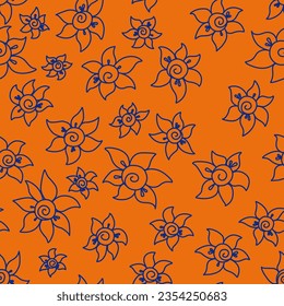 Patrón botánico abstracto sin inconvenientes. Sencillo fondo con flores azules en naranja. Vector. Textura de los niños. Diseño para tejidos textiles, papel de envoltura, fondo, papel pintado, cubierta.