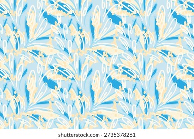 Seamless abstract botanical vector pattern with flowing leaves, brush strokes and soft beige dots on blue background. Modern artistic design for fabric, wallpaper, stationery and decor