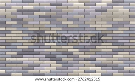 Seamless abstract brick wall pattern with distressed rectangular tiles in neutral grey, beige, and light blue tones, ideal for backgrounds and textures.