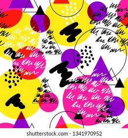 Seamless abstract bright pattern in memphis style. Wrapping paper, textile, background fill.