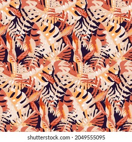 seamless abstract bright pattern with tropical leaves, wild print drawn by paint.