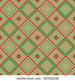 Seamless abstract bright red and green  pattern of stripes and diamonds for Christmas and New Year