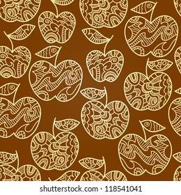 Seamless abstract brown pattern with yellow apples. Vector illustration