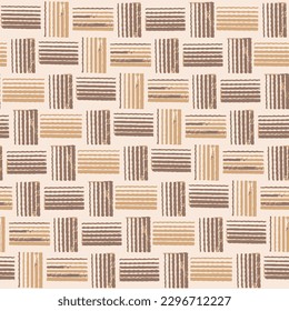 Seamless abstract brown theme abstract pattern with stroke and block with beige background. brown vertical and horizontal stripe used geometrical texture background patterns.