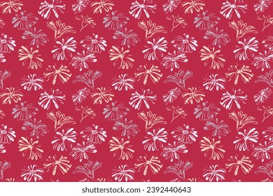 Seamless abstract brush strokes floral pattern. Bright flowers on a burgundy background textures.Vector hand drawn sketch. Design for fabric, fashion, textile
