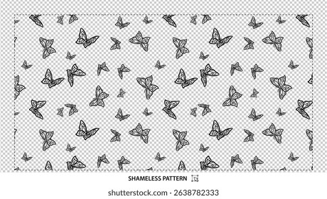 Seamless abstract butterfly pattern with delicate hand-drawn outlines on transparent background