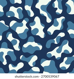 Patrón de camuflaje abstracto sin fisuras en tonos azules. Fondo de Vector fluido moderno inspirado en el estilo militar y urbano. Diseño minimalista de moda para textiles, envolturas y moda.