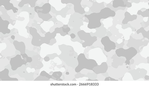 Seamless abstract camouflage pattern features subtle gray, white, and light-gray organic blobs and soft shapes creating a muted, textured background suitable for diverse designs