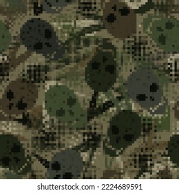 Seamless abstract camouflage pattern with skulls. Pixel retro effect. Army or hunting gray masking ornament for apparel, fabric, textile, sport goods.
