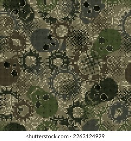 Seamless abstract camouflage pattern with skulls. PIXELATED effect. Army or hunting green masking ornament for apparel, fabric, textile, sport goods.