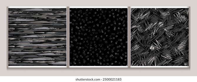 Seamless abstract camouflage patterns. Frayed texture, smudge paint, scattered small shapes. For apparel, fabric, textile, sport goods. Grunge style