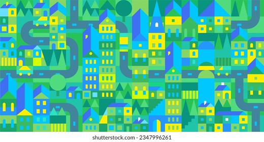 Seamless Abstract Cartoon Urban Vector Bauhaus Swiss Geometric City Pattern Design Background Template