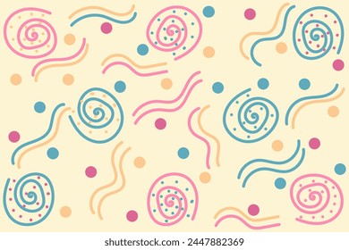 Seamless abstract chaotic figures yellow, pink, blue pattern: dots, waves and spirals. Hand drawn multicolored vector illustration for business, banners, wallpaper, textile, wrapping