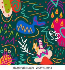 Seamless abstract chaotic summer yellow, purple, green, orange, red, beige design pattern. Hand drawn multicolored vector illustration for business, banners, wallpaper, textile, wrapping