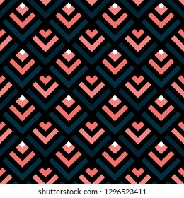 Seamless Abstract Chevron Art Deco Coral Deep Blue Black White Vector Pattern