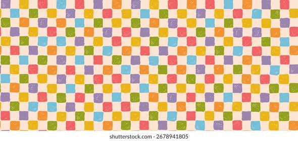 Padrão quadriculado infantil abstrato e sem emenda. Textura desenhada à mão colorida grade de quadrados ásperos, vetor impressão xadrez lúdica