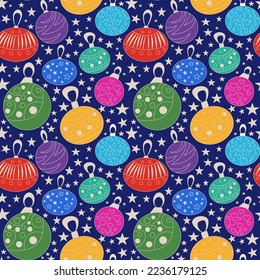 Seamless abstract Christmas pattern. Blue, green, red, yellow. Vector illustration. New year balls, stars texture. Design for textile fabrics, wrapping paper, background, wallpaper, cover.