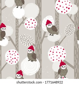 Seamless abstract Christmas pattern with cute owls and trees.