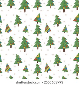 Seamless abstract Christmas pattern. Green, red, blue, white. Vector illustration. New year trees, stars. Chaotic ornament. Design for textile fabrics, wrapping paper, background, wallpaper, cover.