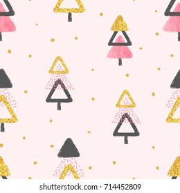 Seamless abstract Christmas trees pattern in pink and golden colors.