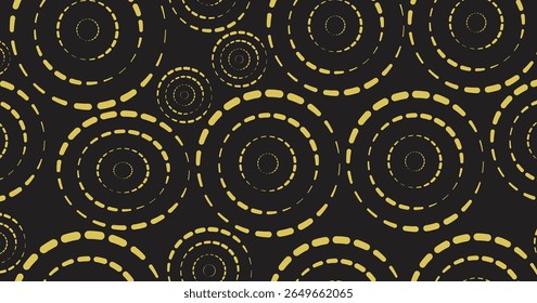  Padrão de círculo abstrato contínuo com anéis tracejados multicoloridos no plano de fundo preto, ideal para design digital moderno, têxteis, papel de embrulho e projetos gráficos geométricos elegantes.