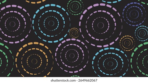  Padrão de círculo abstrato contínuo com anéis tracejados multicoloridos no plano de fundo preto, ideal para design digital moderno, têxteis, papel de embrulho e projetos gráficos geométricos elegantes.